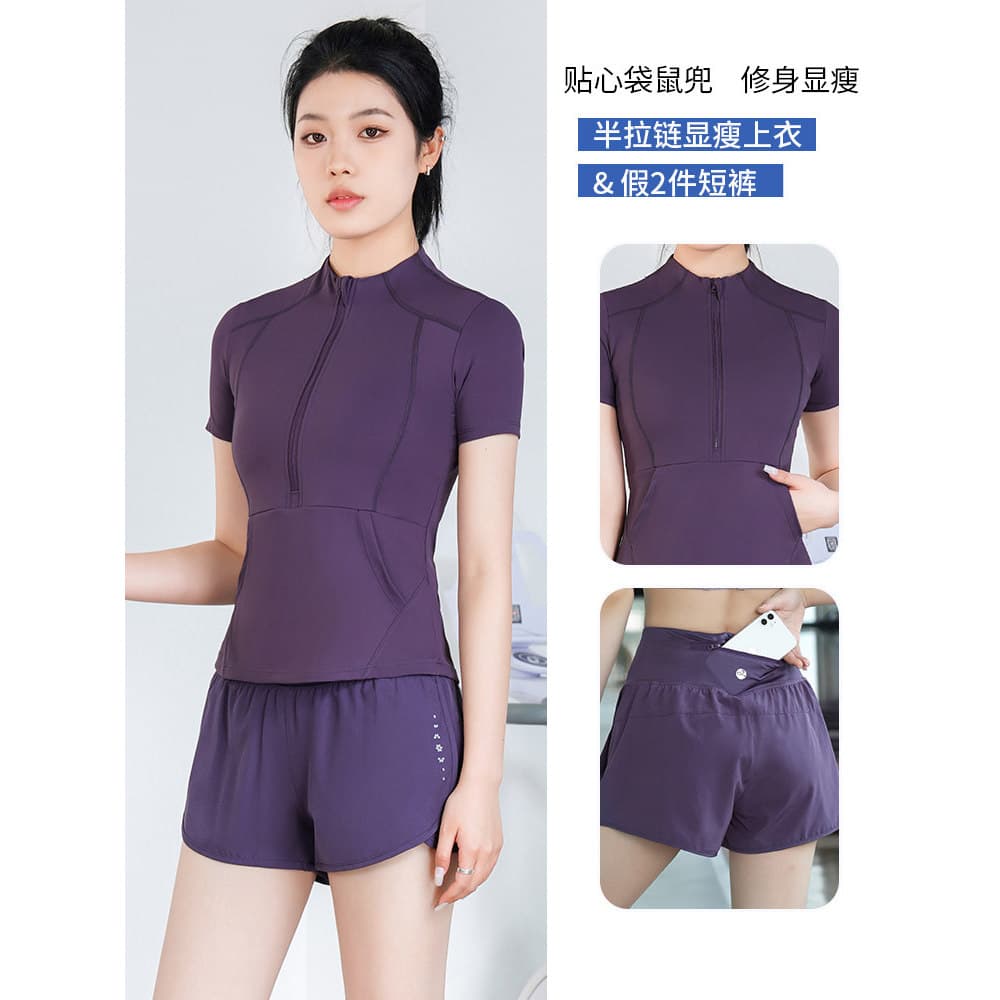 Design Sense Roupas de Yoga Terno Feminino Verão Meio Zíper Manga Curta Secagem Rápida Roupas de Treinamento de Fitness 