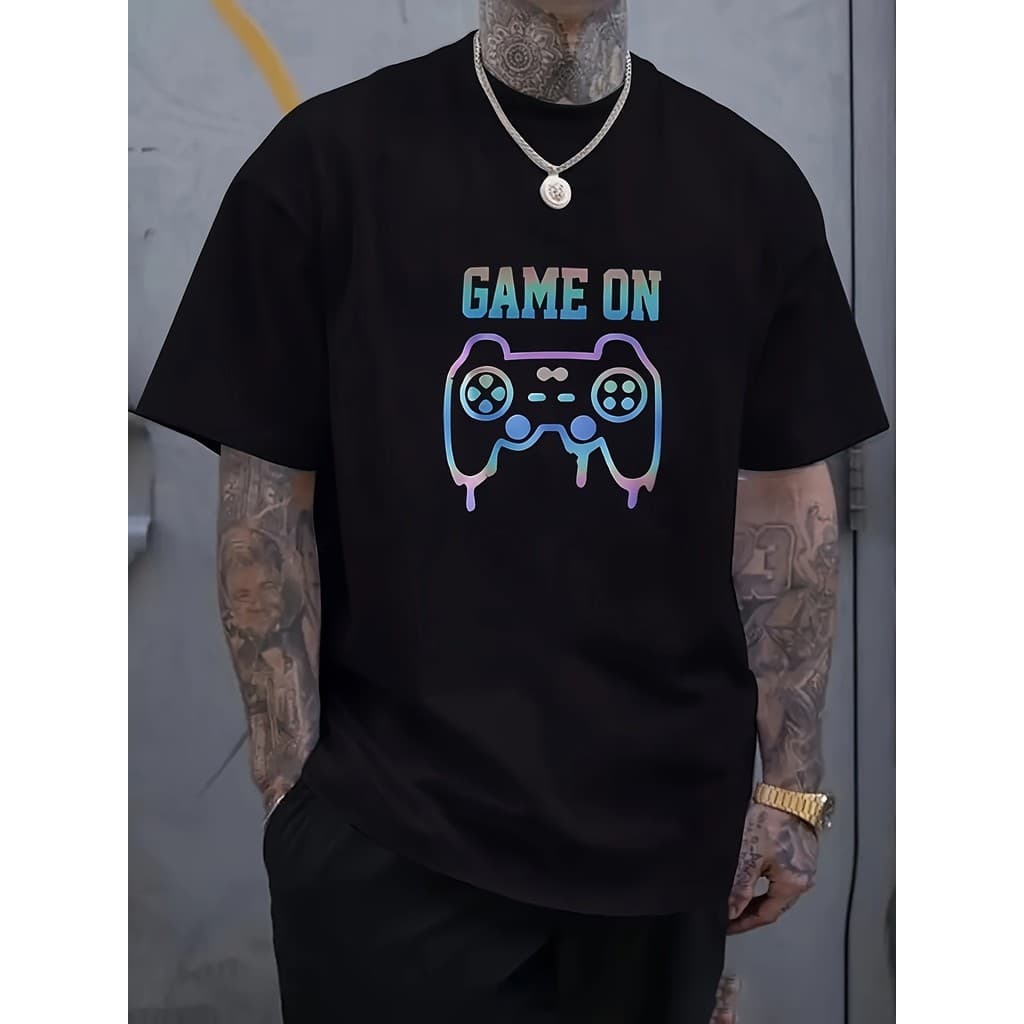 Camiseta Masculina "GAME ON" Controle Video Game Gráfico Polyester Confortável Moderna Divertida Casual