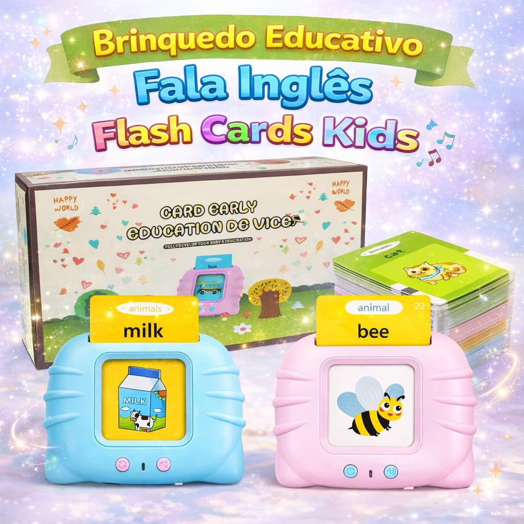 Brinquedo Educativo Fala Inglês Flash Cards Kids 112 Cartas Infantil Interativo Som USB Rosa e Azul