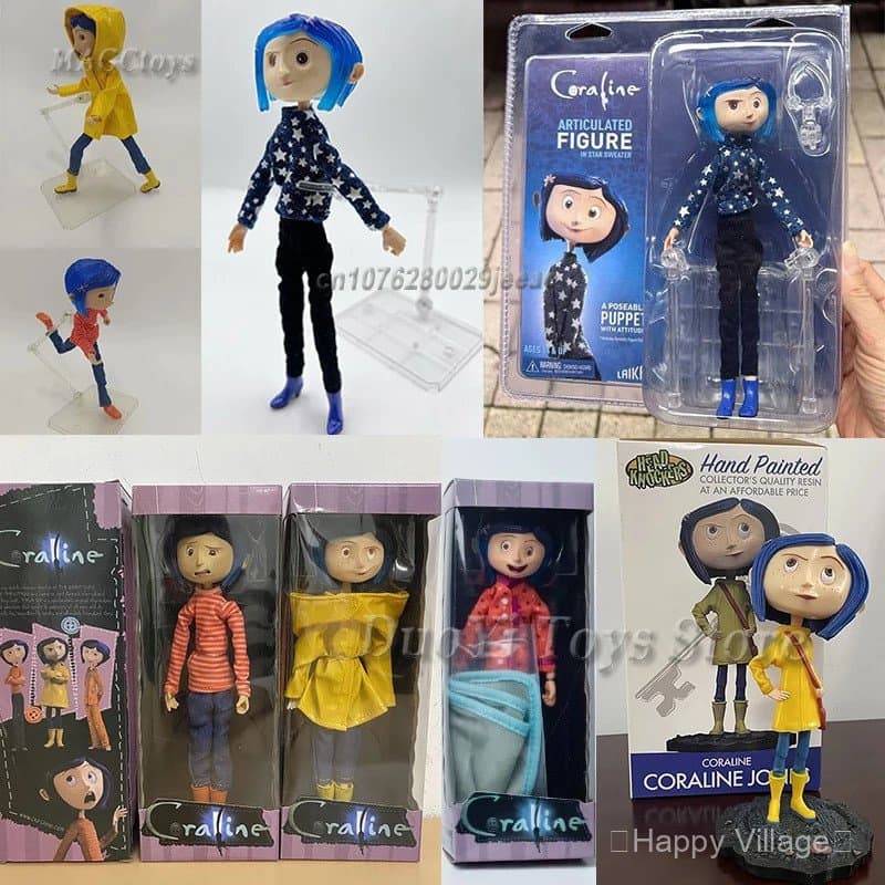 Boneca Coraline, figura de anime articulada, vestindo uma capa de chuva e um suéter listrado, brinquedo, modelo decorati