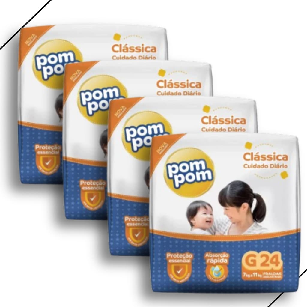 Kit 4 Fralda Descartável Pom Pom Clássica Jumbo Tamanho G - Total 96 Unidades