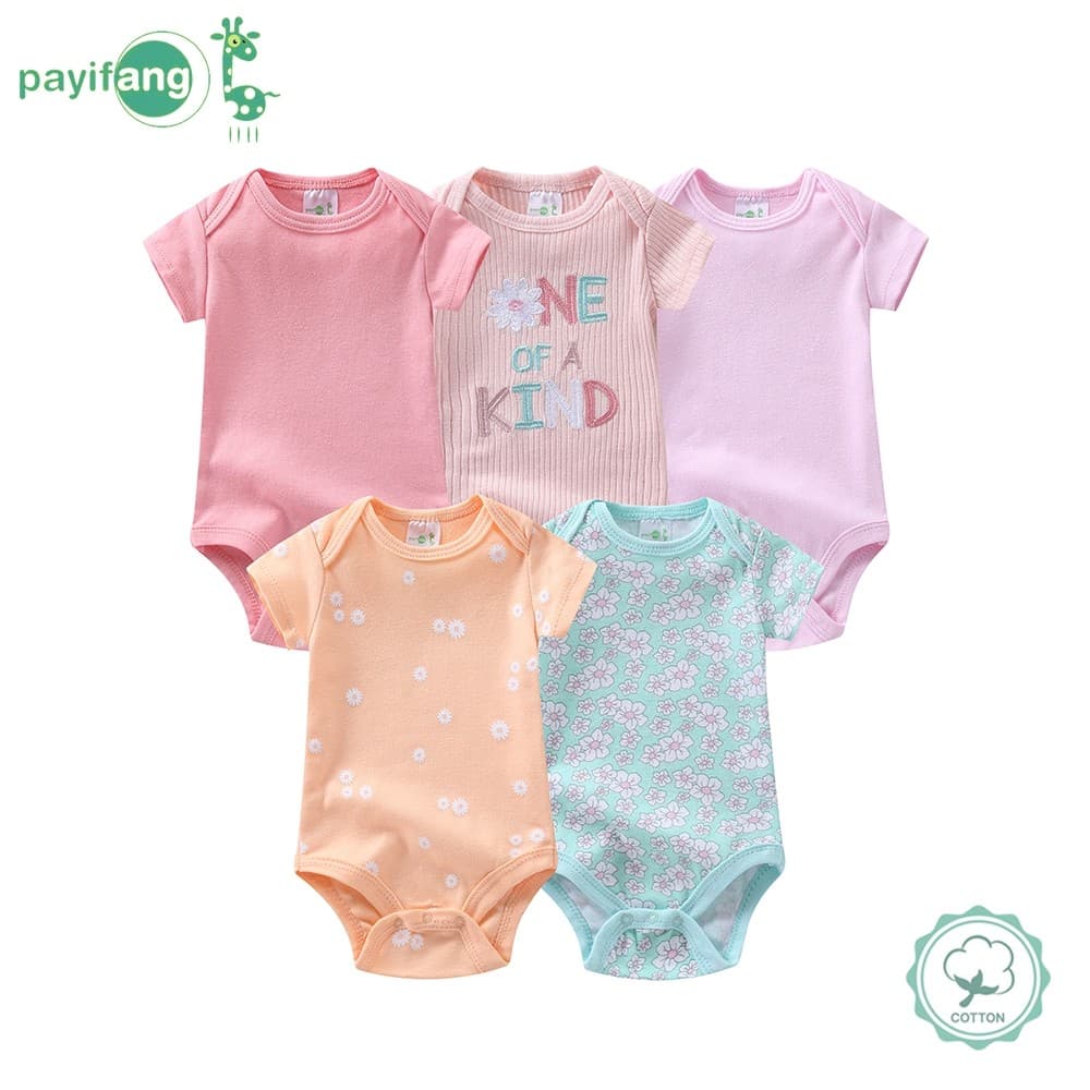 Payifang body bebê menina Kit 5 Peças, body manga curta menina, kit body bebê menina, Floral Bordado 100% Algodão Roupa 