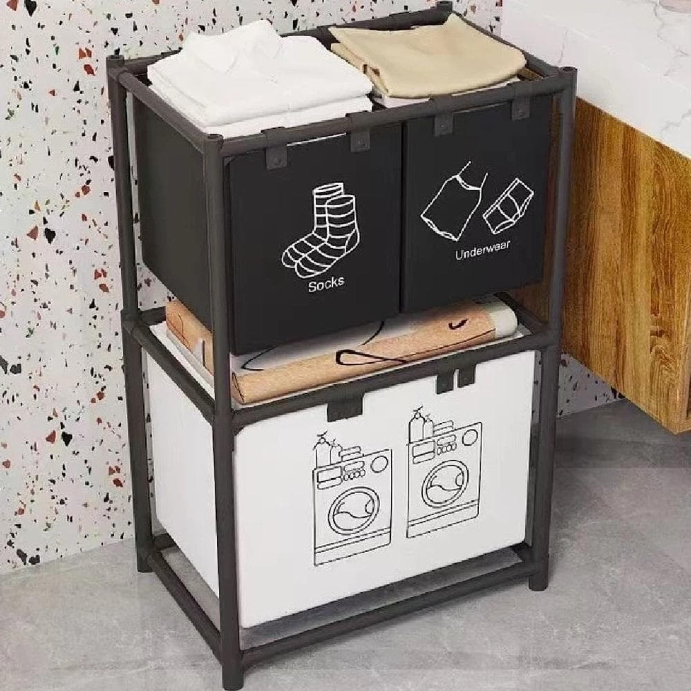 Organizador de Roupa Suja Triplo 3 Compartimentos Cesto Lavanderia Banheiro Multiuso Estante 2 Andares Compacto