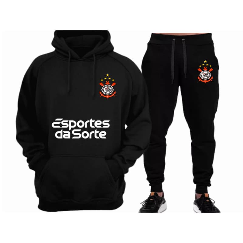 Conjunto Moletom Adulto Blusa de Frio Canguru Unissex Kit Blusa e Calça Moletom Torcedor Corinthians