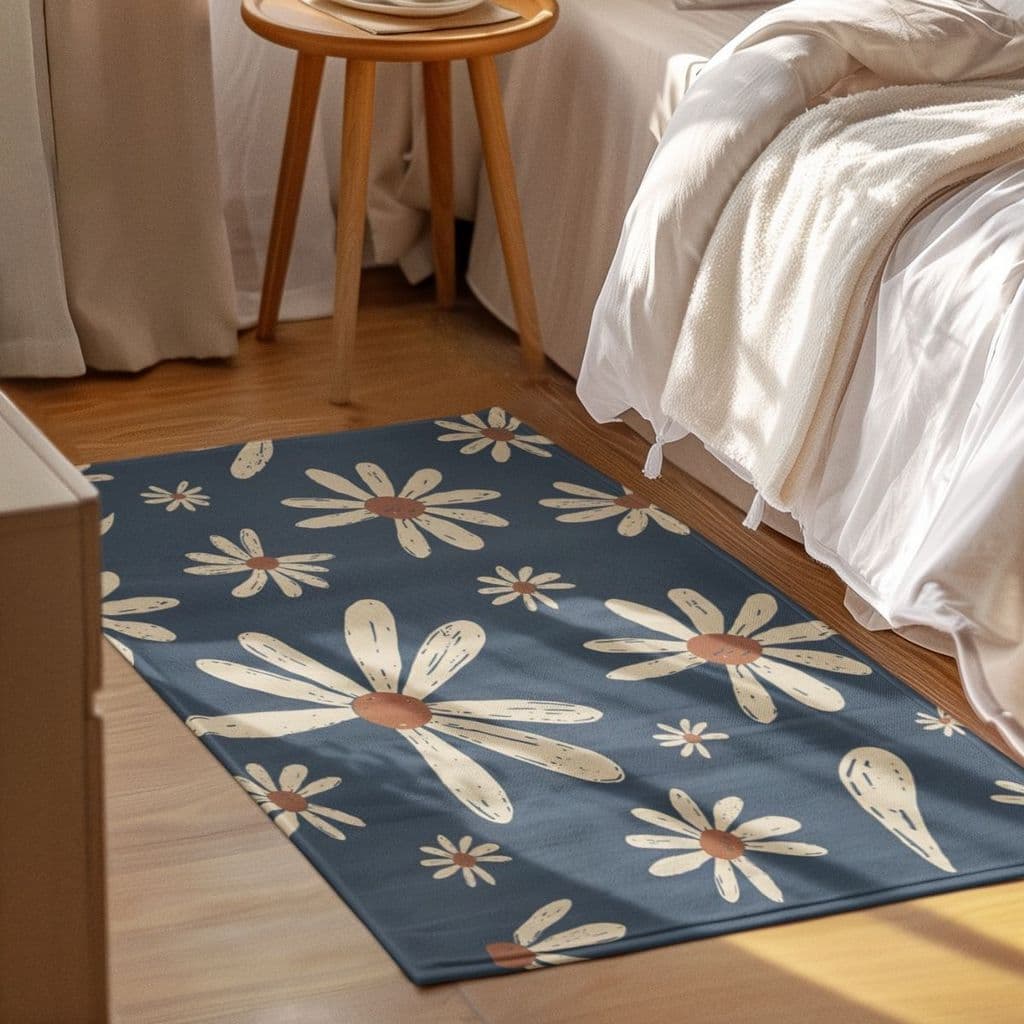 Tapete Decorativo 118x70cm Antiderrapante Sala, Quarto, Espaço Flores Branca