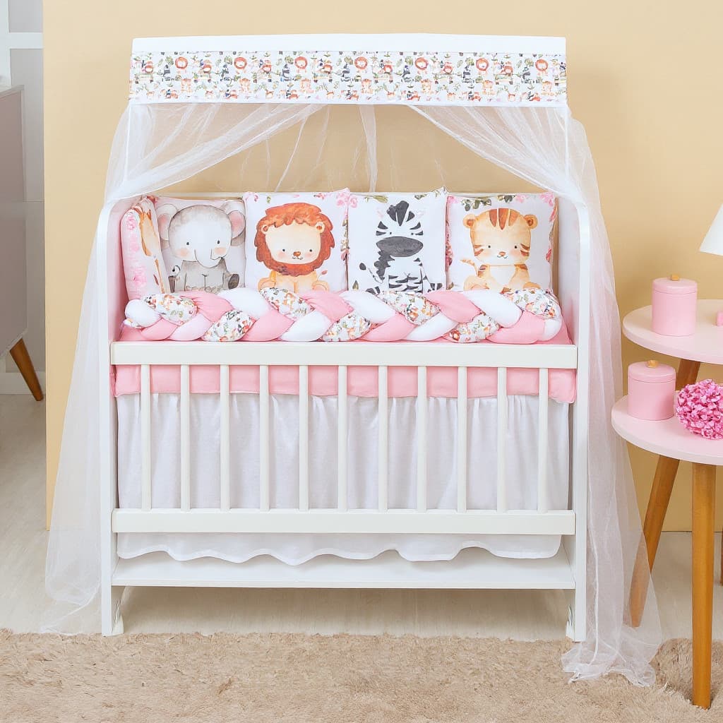 Kit Mini Berço Completo Enxoval Bebê Menina Safari Baby Rosa