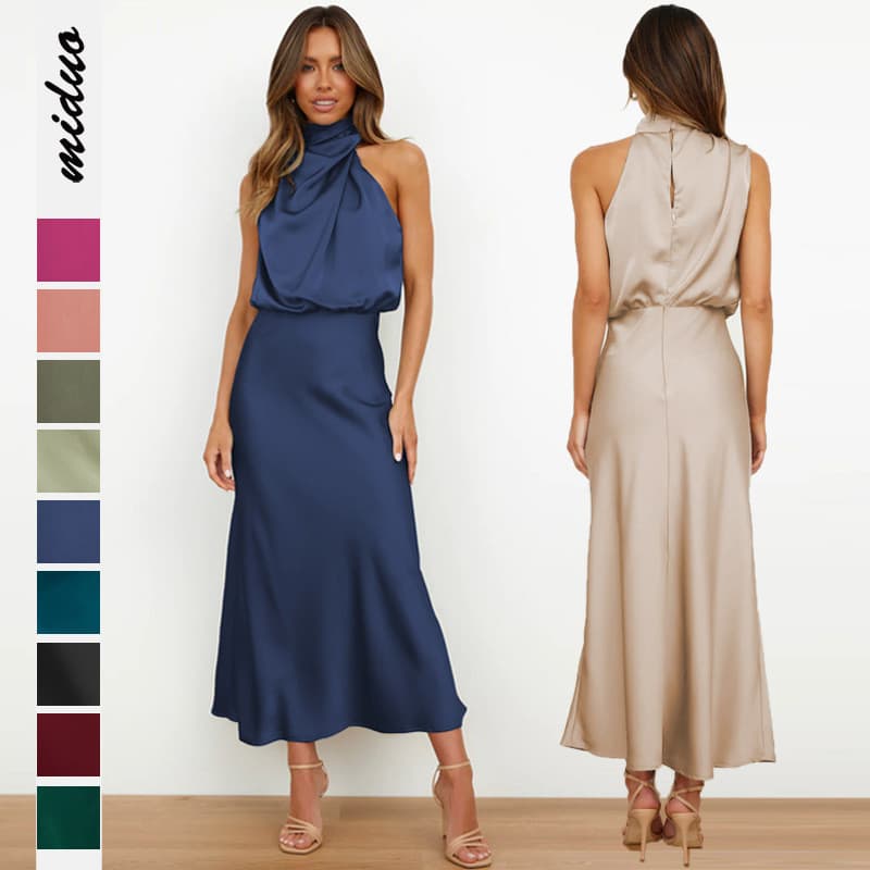 Vestido de tecido de cetim vestido de noite sem mangas moda feminina elegante cetim