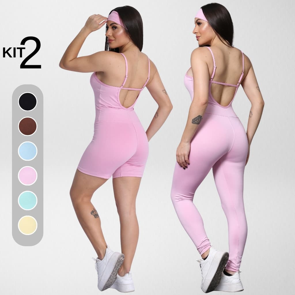 Kit 2 Peças Macaquinho e Macacão Com Faixa Suplex Confortável Zero Transparência Academia Fitness