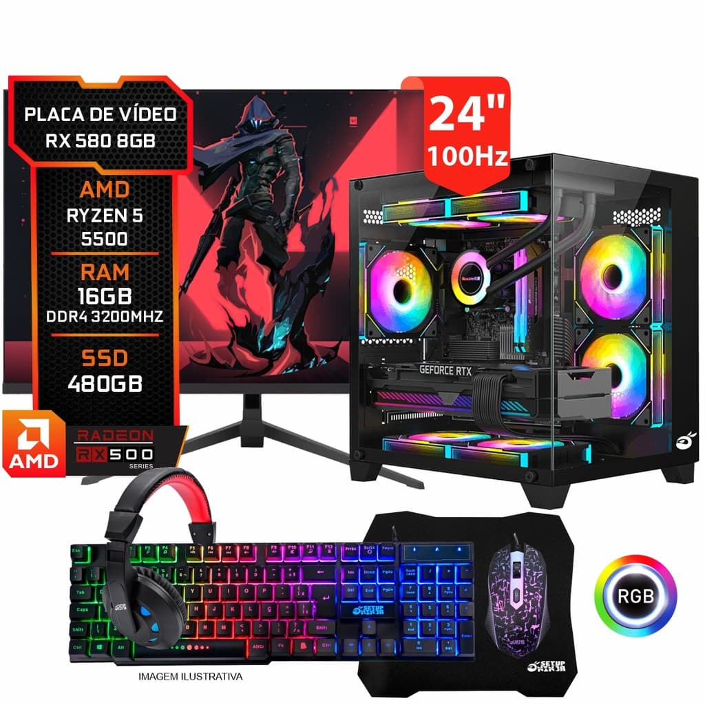 PC GAMER COMPLETO GB1796 RYZEN 5 5500 SSD 480GB 16GB DDR4 RX 580 8GB MONITOR 24 100HZ