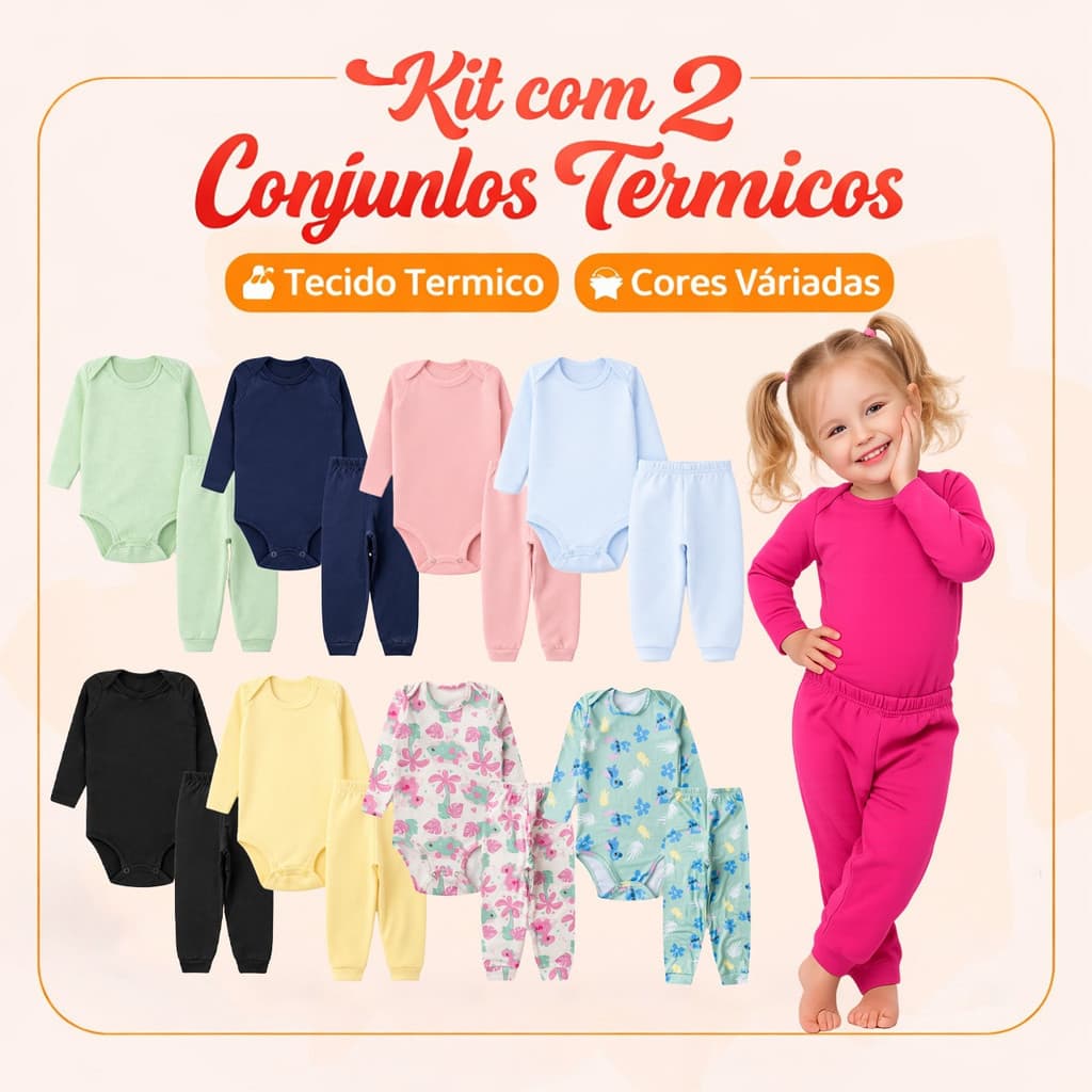 Kit 4 Peças Conjunto Térmico 2 Bodys + 2 Calças Infantil para Bebe Menino e Menina Peluciado Inverno