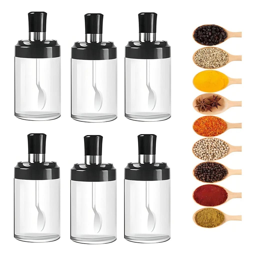 Kit 2/4/6/12 Potes de Tempero Vidro com Colher 250 ml Sal Açucar Condimentos