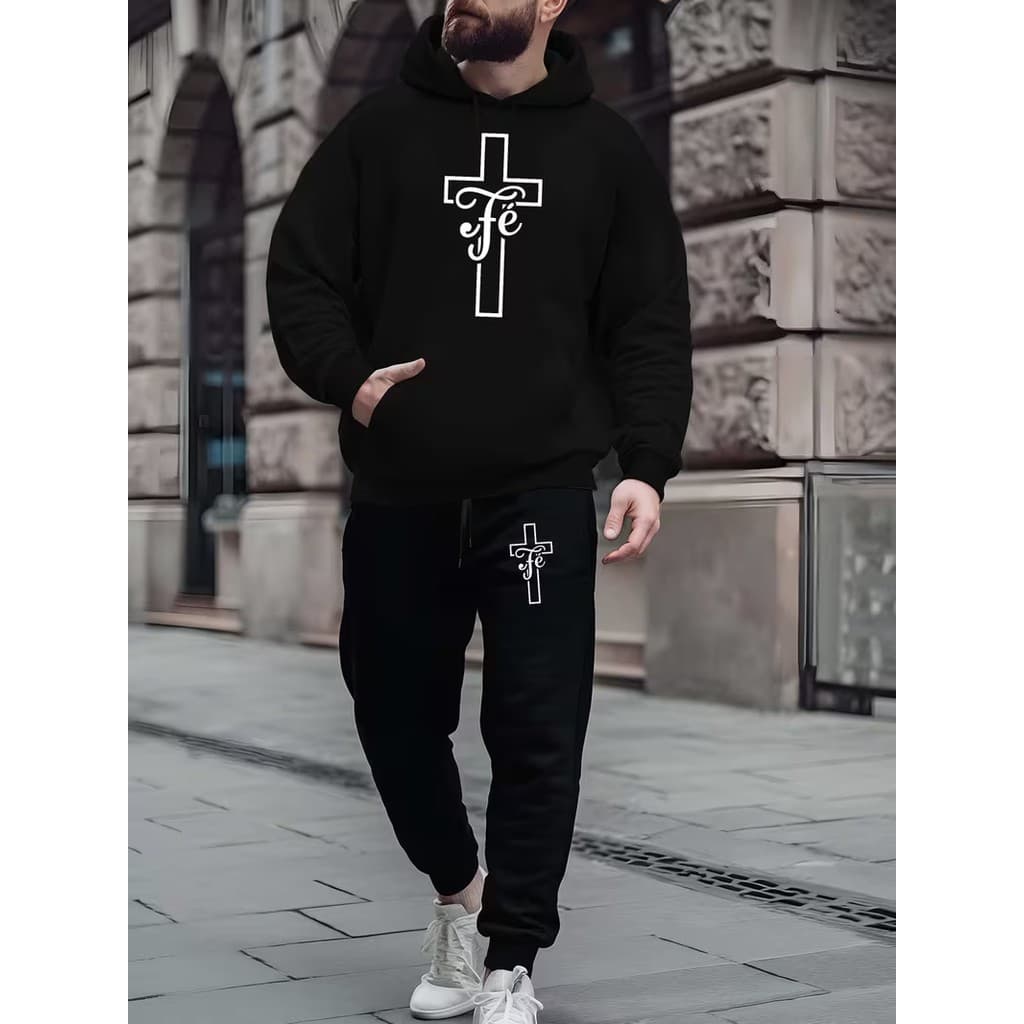 Conjunto Moletom Canguru Masculino Fé Blusa De Frio + Calça Moletom Estampados Unissex Outono/Inverno