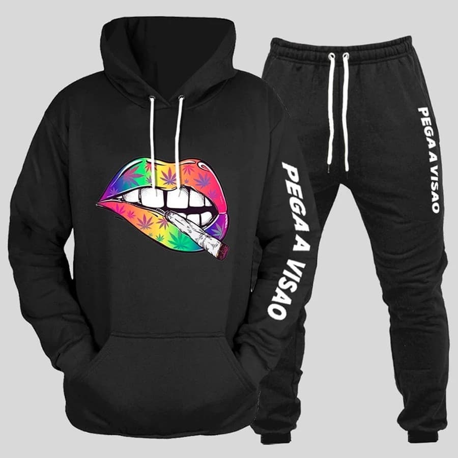 Conjunto Moletom Canguru Masculino Boca cigarro Blusa De Frio + Calça Moletom Estampados Unissex Outono/Inverno