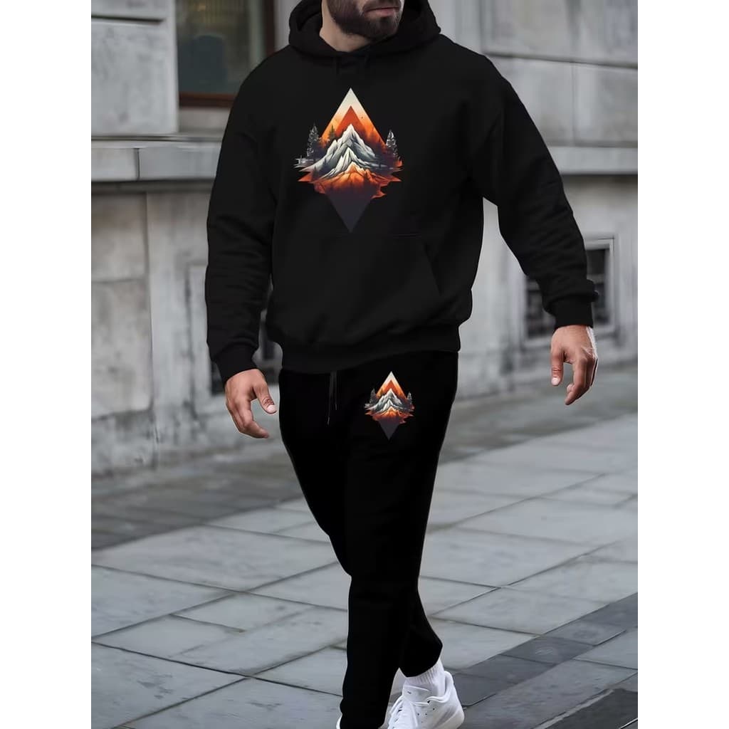 Conjunto Moletom Canguru Masculino Mountains Blusa De Frio + Calça Moletom Estampados Unissex Outono/Inverno