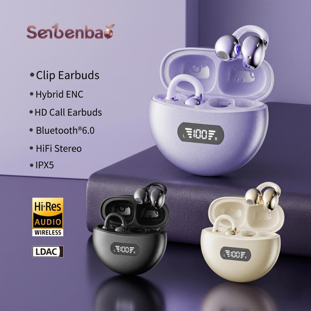 Senbenbao Fones De Ouvido Q71 Bluetooth Com Clipe BT 6.0 HD Chamada ENC Cancelamento De Ruído LED Power Display Bateria 