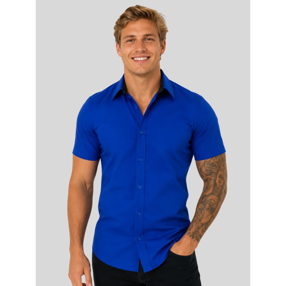 Camisa Masculina Azul Premium Slim Fit Manga Curta Social Luxo Casual