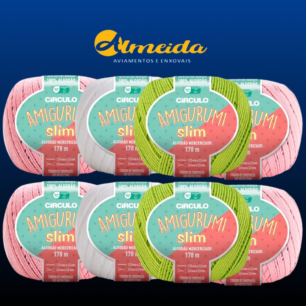 Kit 8 Linha Amigurumi Slim 178 Metros Circulo Fio Macio Resistente Algodão Miniaturas Crochê Tricô