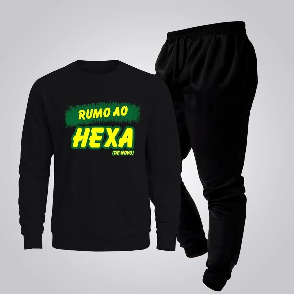 Conjunto Moletom Careca Masculino Rumo Ao Hexa Blusa De Frio + Calça Moletom Estampados Unissex Outono/Inverno