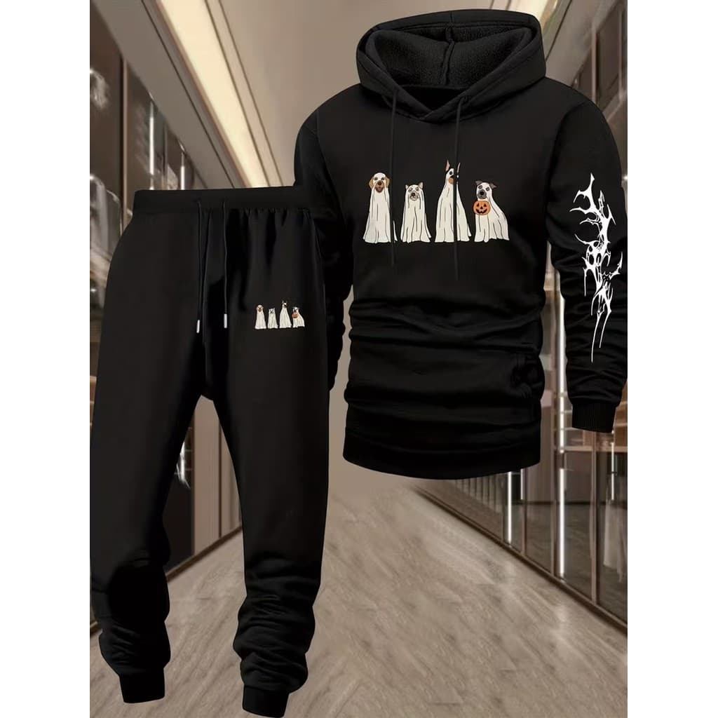 Conjunto Moletom Canguru Masculino Cão fantasma Blusa De Frio + Calça Moletom Estampados Unissex Outono/Inverno