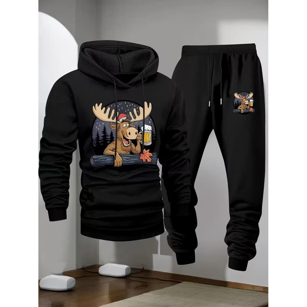 Conjunto Moletom Canguru Masculino Rena com chopp Blusa De Frio + Calça Moletom Estampados Unissex Outono/Inverno