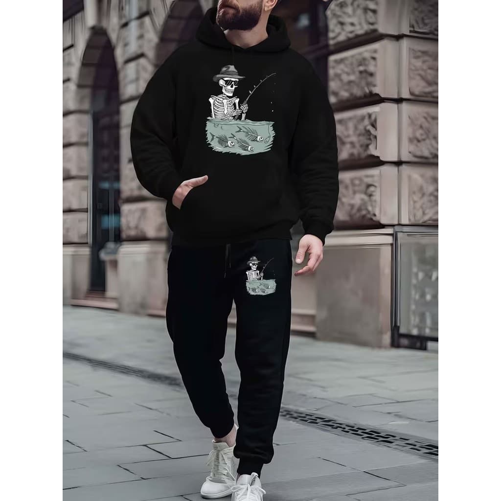 Conjunto Moletom Canguru Masculino Pesca Da Caveira Blusa De Frio + Calça Moletom Estampados Unissex Outono/Inverno