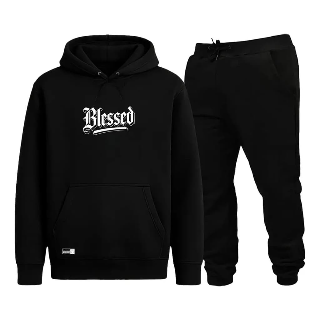 Conjunto Moletom Canguru Masculino Blessed Blusa De Frio + Calça Moletom Estampados Unissex Outono/Inverno
