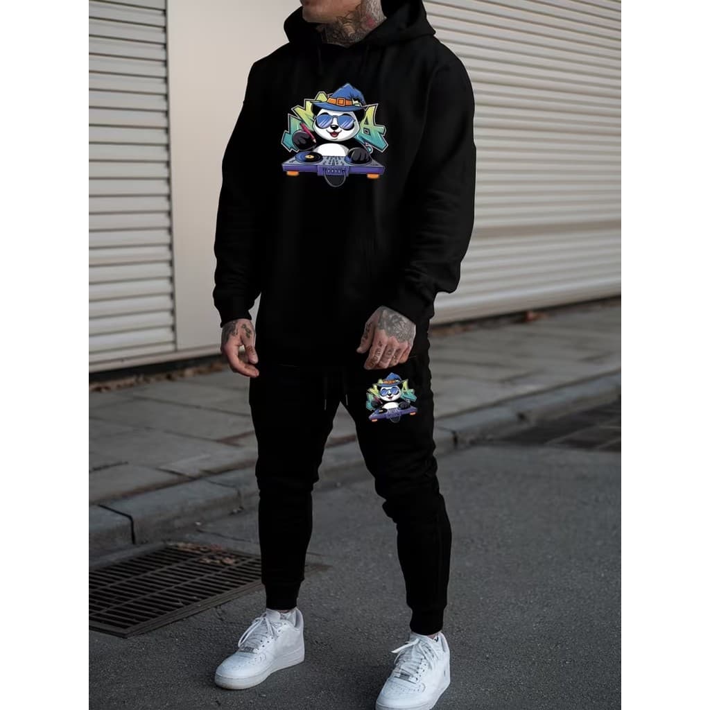 Conjunto Moletom Canguru Masculino Pandas Blusa De Frio + Calça Moletom Estampados Unissex Outono/Inverno