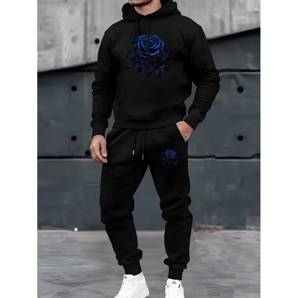 Conjunto Moletom Masculino Rosa azul Blusa De Frio Canguru Bolso e Capuz+Calça Moletom Estampados Unissex Outono/Inverno