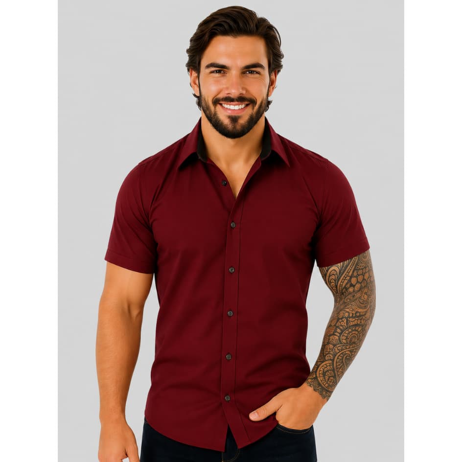 Camisa Social Masculina Marsala Manga Curta Acinturada Slim Premium