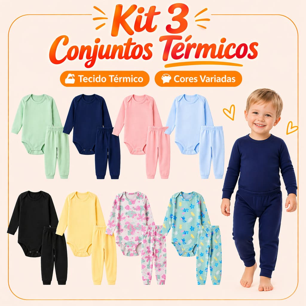 Kit 6 Peças Conjunto Térmico 3 Bodys + 3 Calças Infantil para Bebe Menino e Menina Peluciado Inverno