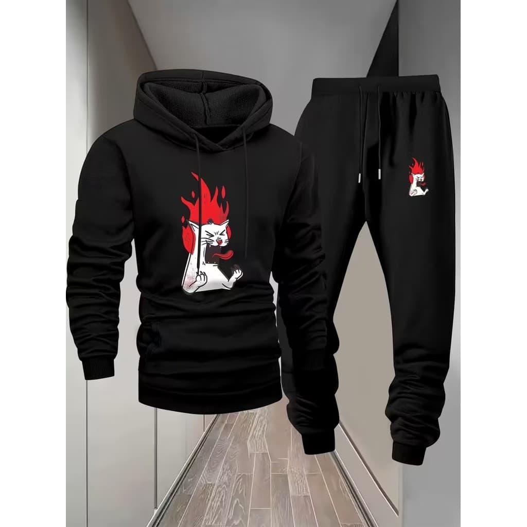Conjunto Moletom Canguru Masculino Gato diab Blusa De Frio + Calça Moletom Estampados Unissex Outono/Inverno