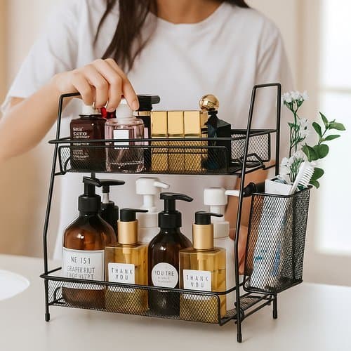 Organizador 2 Andares Metálico Preto Multiuso Organizador Maquiagem Perfume Temperos Cozinha Banheiro