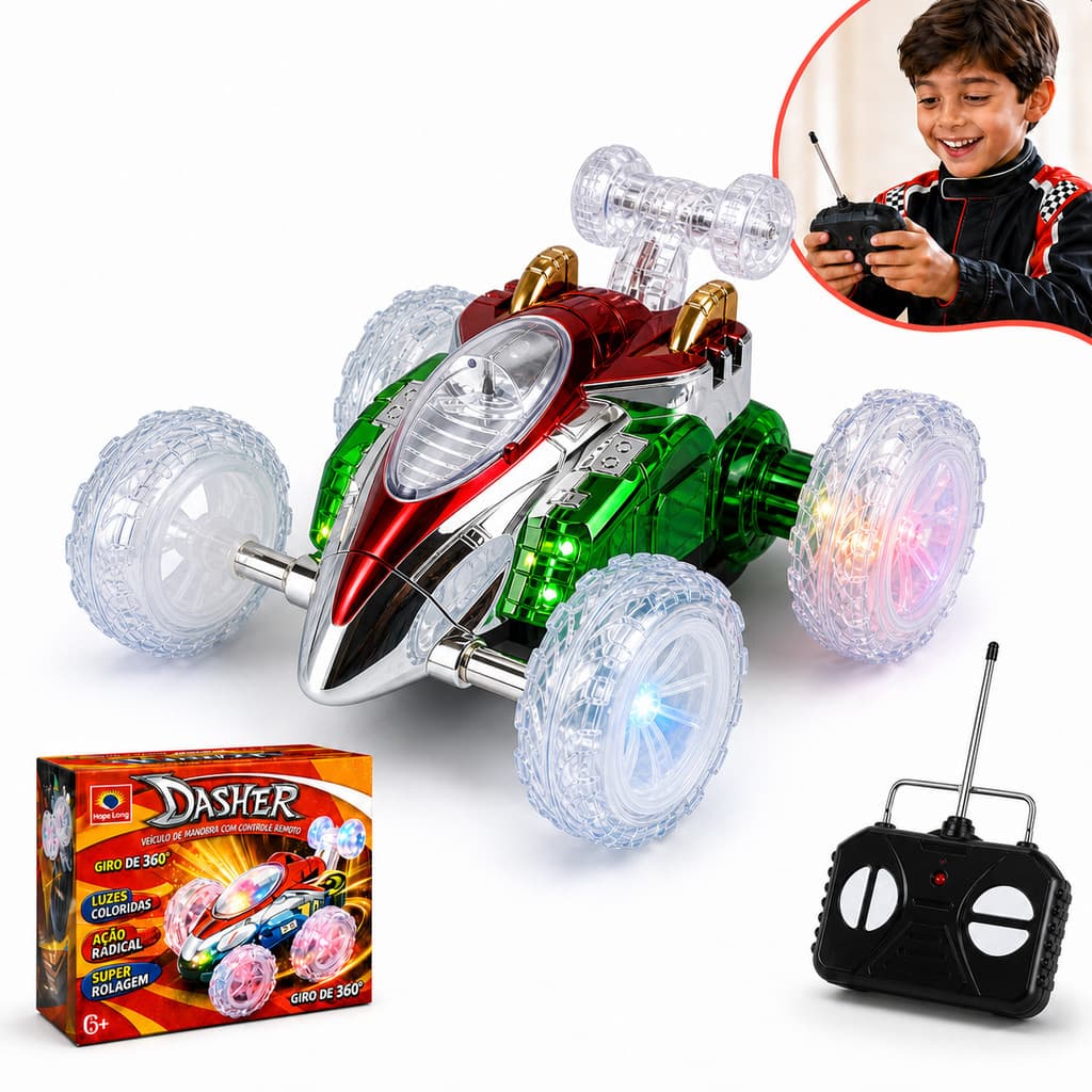 Carrinho de Controle Remoto Maluco Doido Com Luzes Manobras Gira 360 Graus Infantil Kizumba