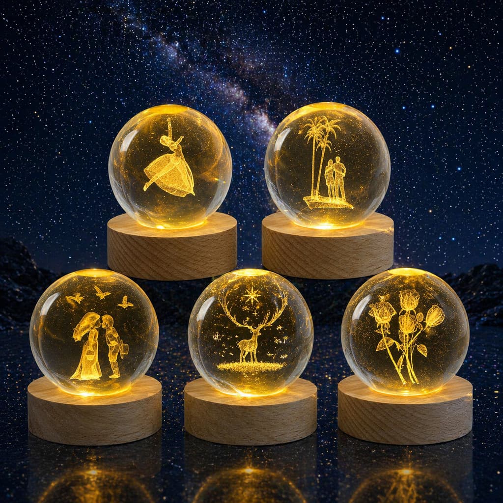 Luminária Led de Mesa Vidro 3d Base Madeira Luz Quente Decoração Enfeite Leitura Presente