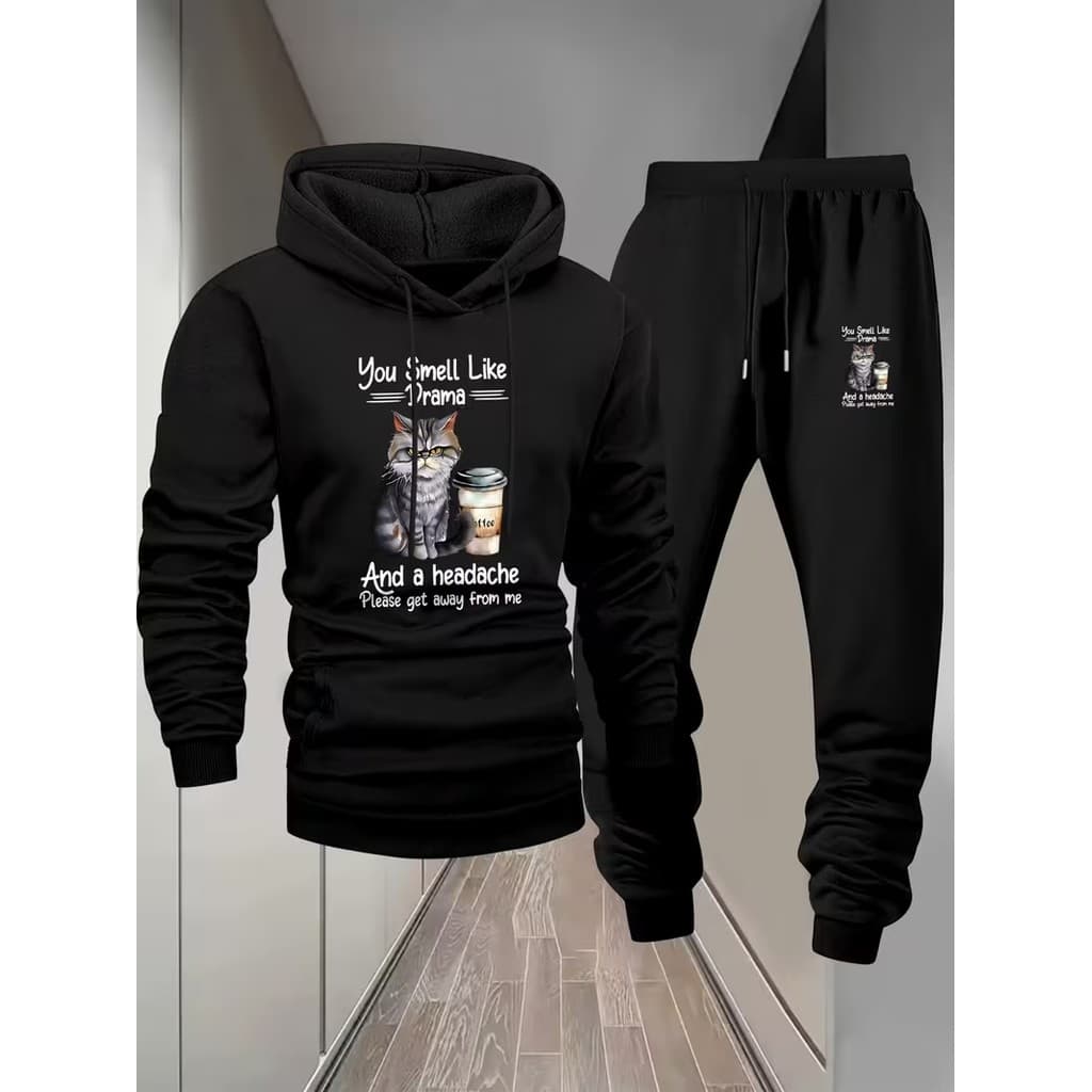 Conjunto Moletom Canguru Masculino Gato rabujento Blusa De Frio + Calça Moletom Estampados Unissex Outono/Inverno