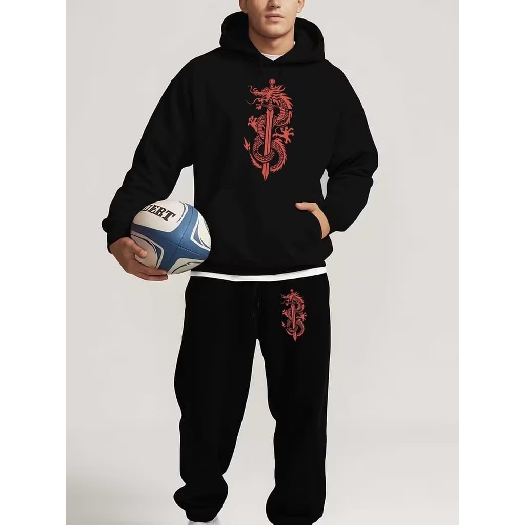 Conjunto Moletom Canguru Masculino Dragão fluminante Blusa De Frio + Calça Moletom Estampados Unissex Outono/Inverno