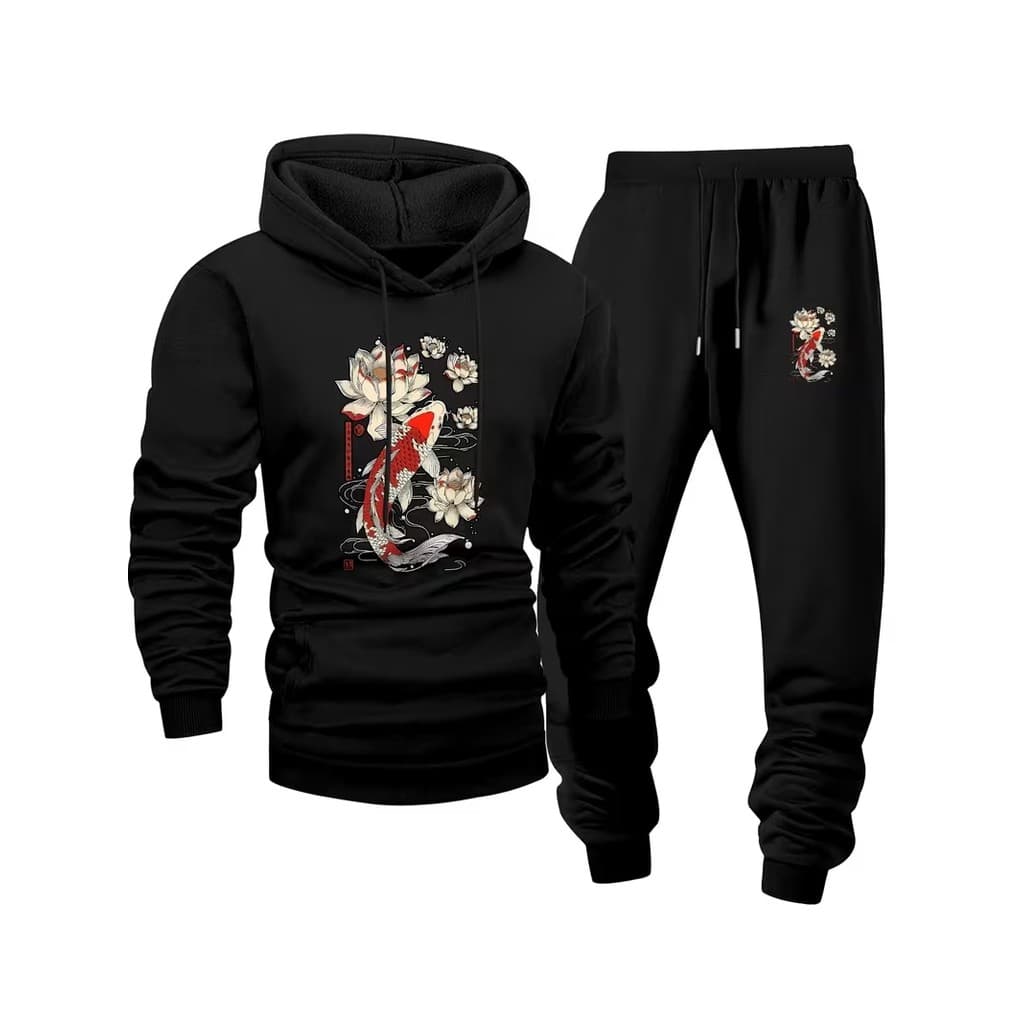 Conjunto Moletom Canguru Masculino Peixe Blusa De Frio + Calça Moletom Estampados Unissex Outono/Inverno