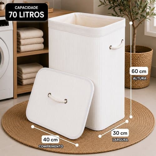 Cesto De Roupa 70 Litros Com Tampa E Alça Organizador Banheiro Branco Marrom Bambu Premium