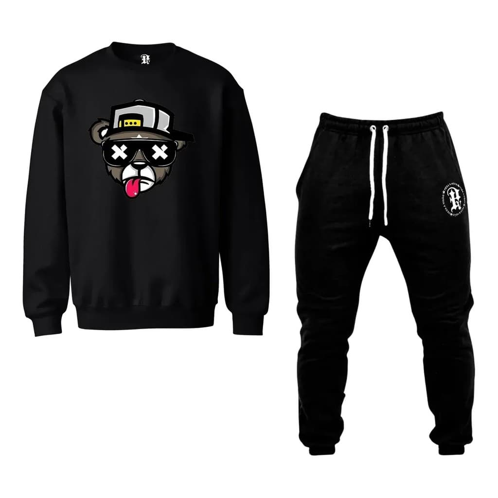 Conjunto Moletom Careca Masculino Urso De Boné Blusa De Frio + Calça Moletom Estampados Unissex Outono/Inverno