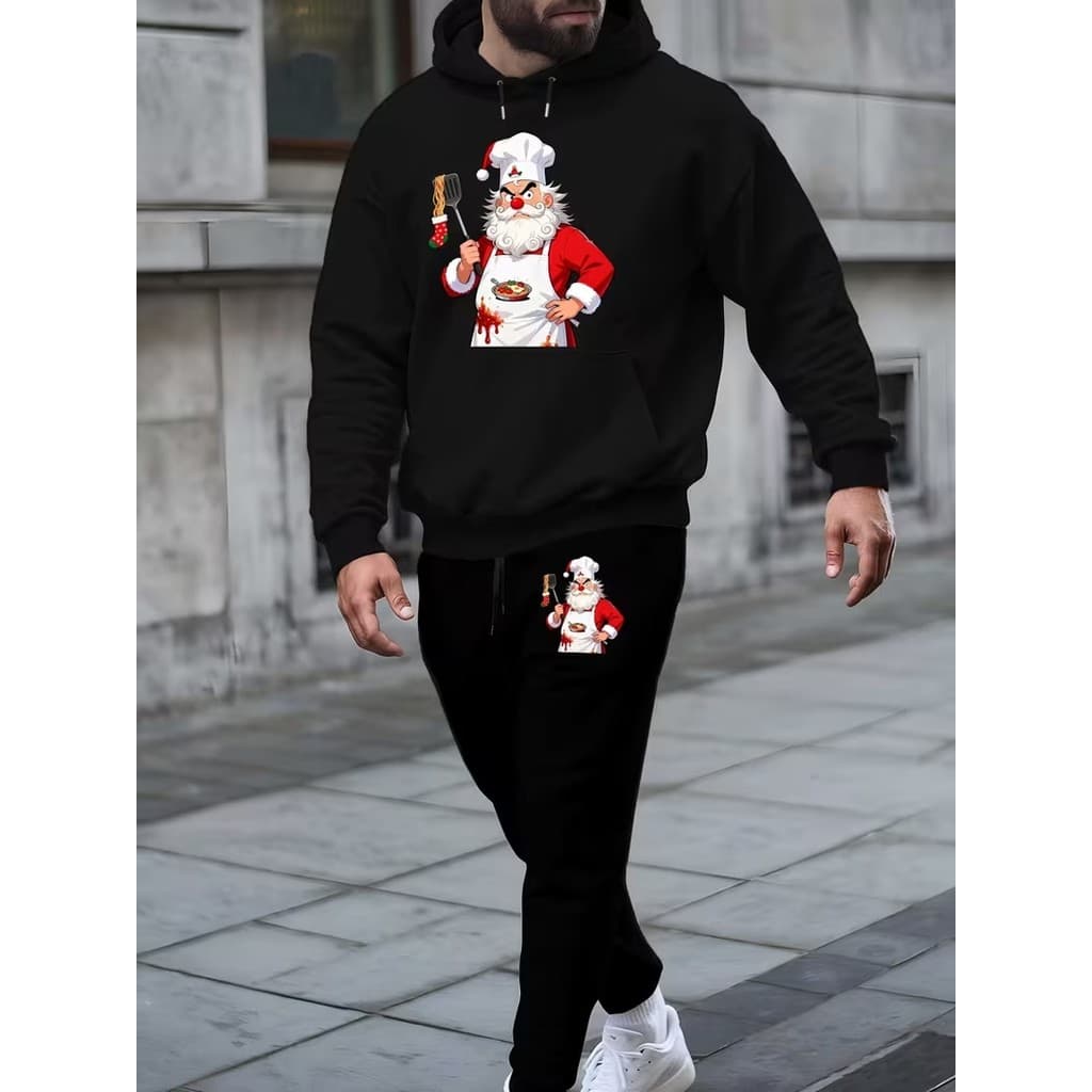 Conjunto Moletom Canguru Masculino Noel cozinheiro Blusa De Frio + Calça Moletom Estampados Unissex Outono/Inverno