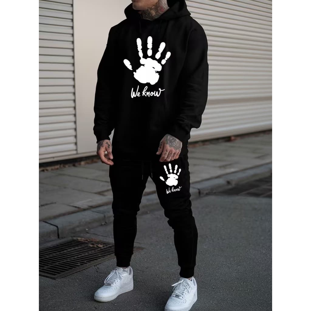 Conjunto Moletom Masculino Mão Blusa De Frio Canguru Bolso e Capuz + Calça Moletom Estampados Unissex Outono/Inverno