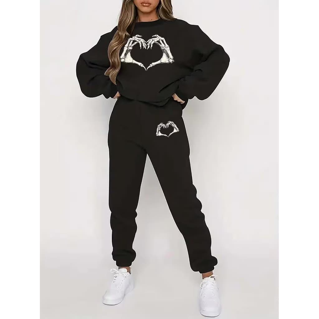 Conjunto Moletom Careca Feminino Coração De Esqueleto Blusa De Frio + Calça Moletom Estampados Unissex Outono/Inverno