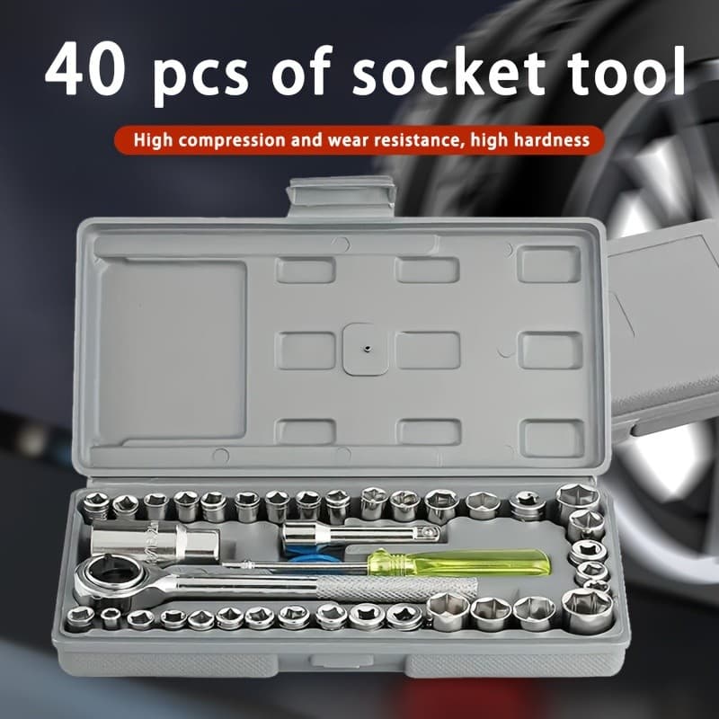 Kit De Ferramentas 40 Peças Cinza Jogo De Soquetes Chave Catraca Reversível Com Maleta Jogo Completo