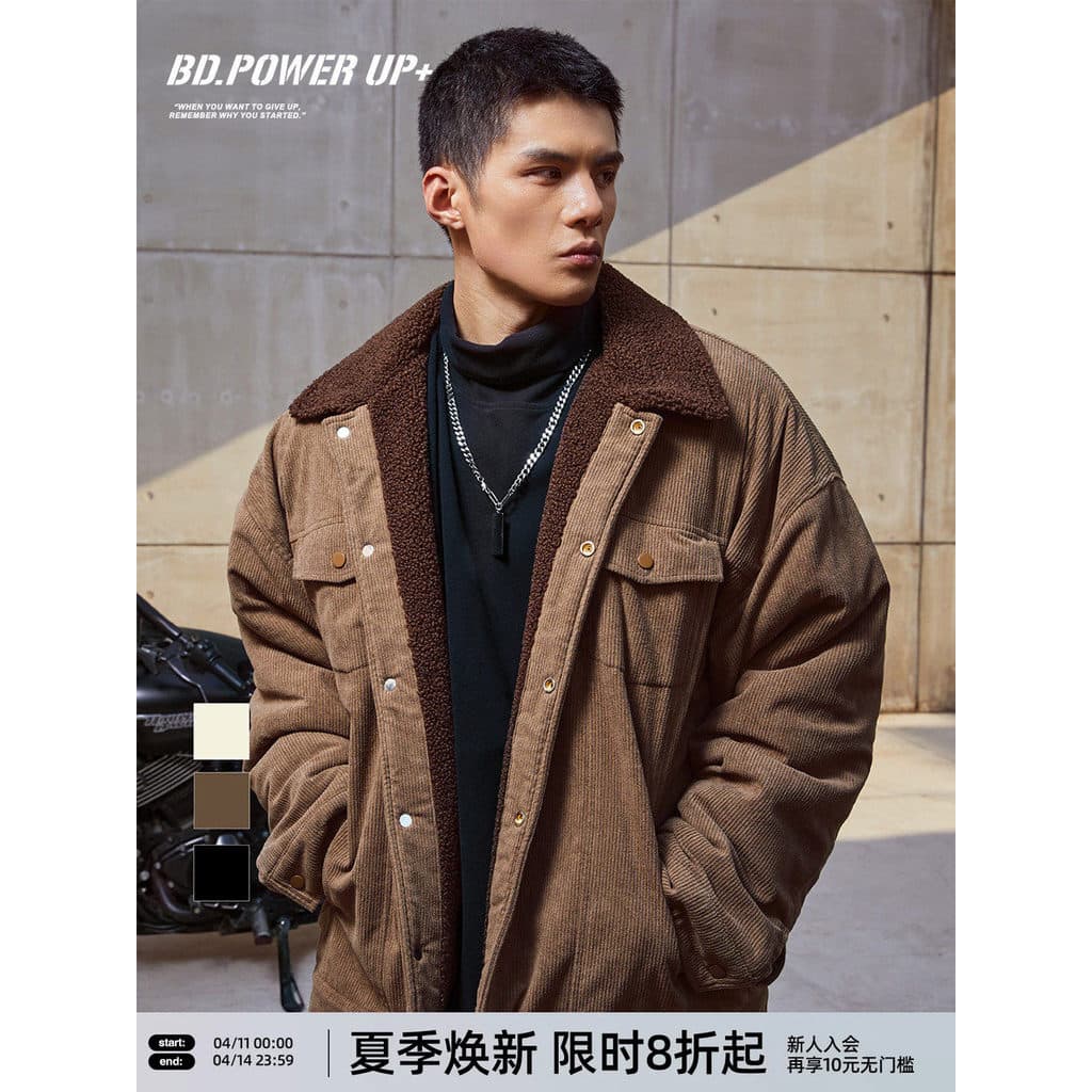 BD Baen estilo cordeiro velo jaqueta masculina inverno engrossado lapela bordado jaqueta masculina solta manter quente
