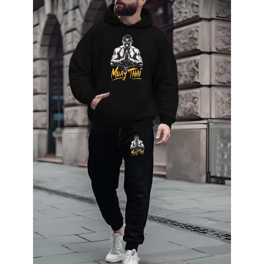 Conjunto Moletom Canguru Masculino Muay Thai Blusa De Frio + Calça Moletom Estampados Unissex Outono/Inverno