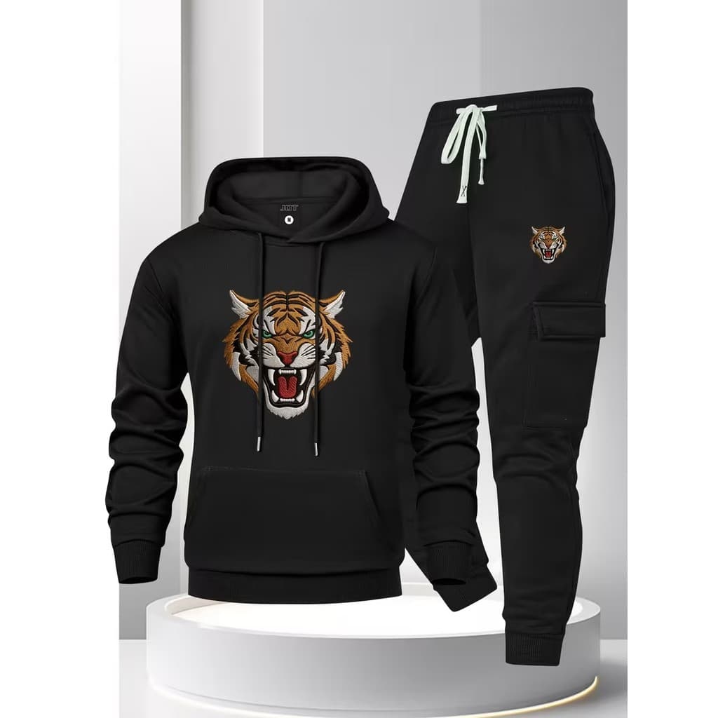 Conjunto Moletom Canguru  Masculino Tigres Blusa De Frio + Calça Moletom Estampados Unissex Outono/Inverno