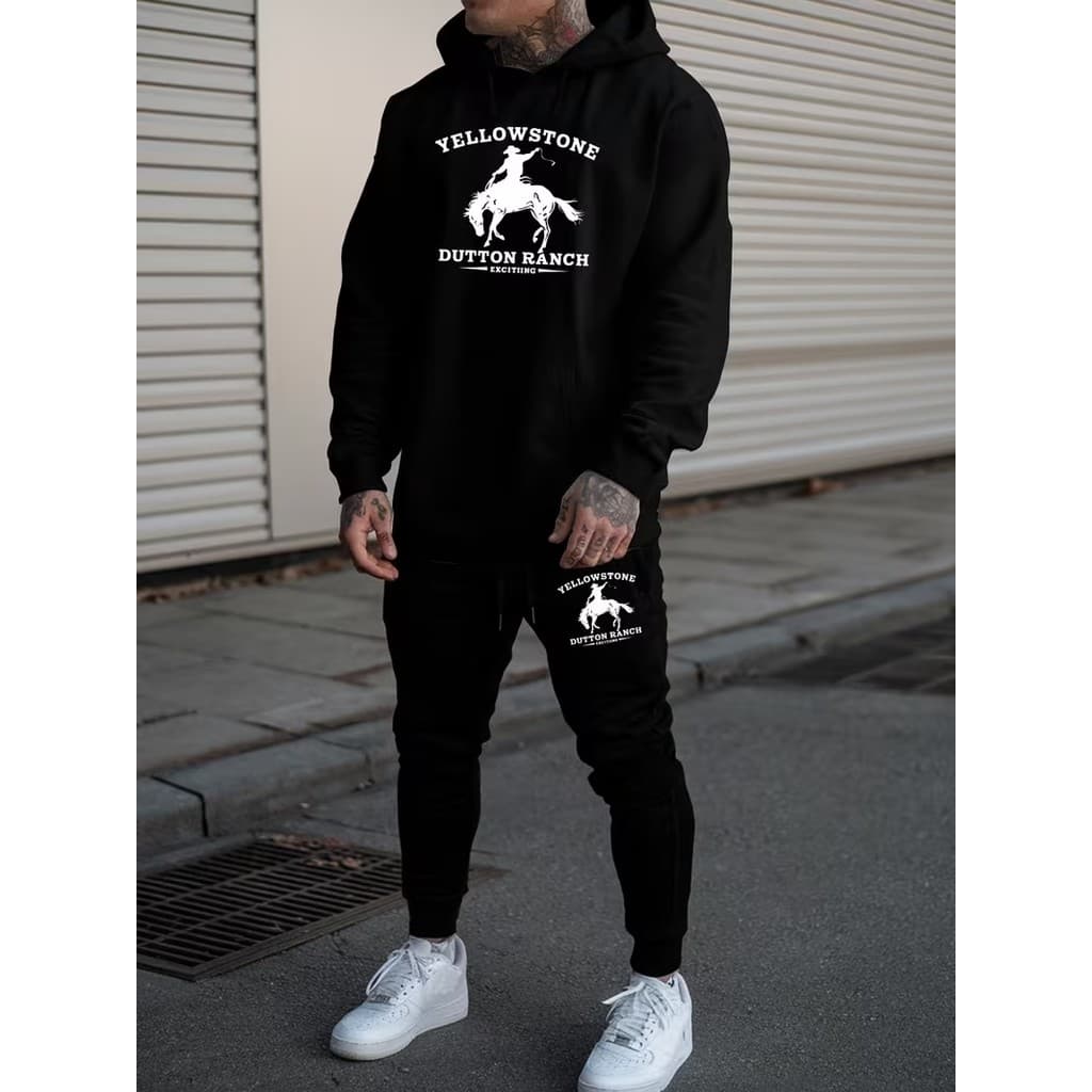 Conjunto Moletom Canguru Masculino Cavalgando Blusa De Frio + Calça Moletom Estampados Unissex Outono/Inverno