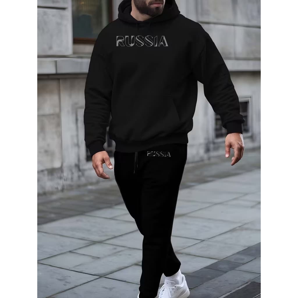 Conjunto Moletom Canguru Masculino Russia Blusa De Frio + Calça Moletom Estampados Unissex Outono/Inverno