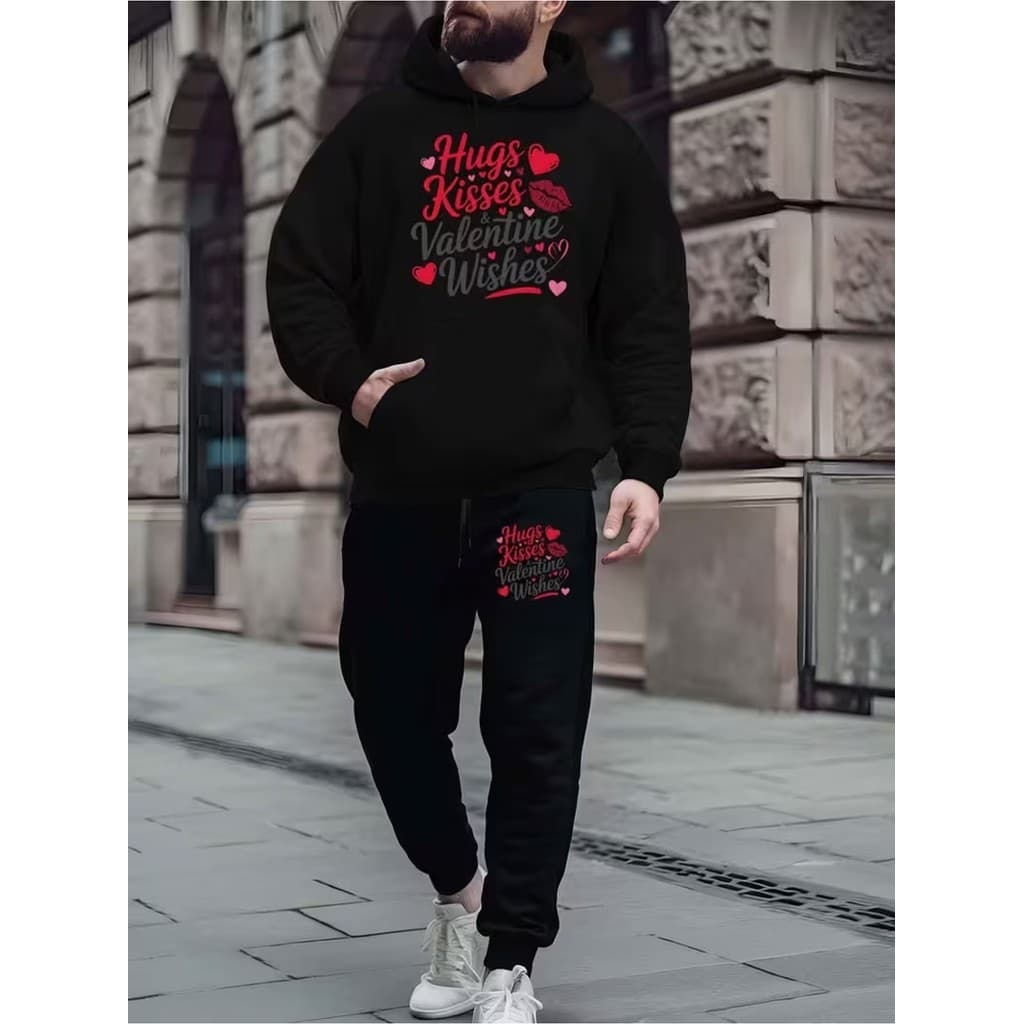 Conjunto Moletom Canguru Masculino Hugs Kisses Blusa De Frio + Calça Moletom Estampados Unissex Outono/Inverno