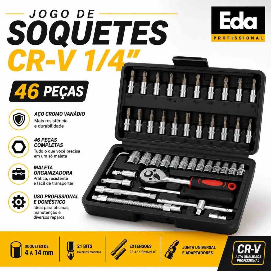 Jogo Chave Catraca 1/4 Soquetes e Bits 46 Peças Aço Cr-V Maleta Ferramentas Profissional Completo